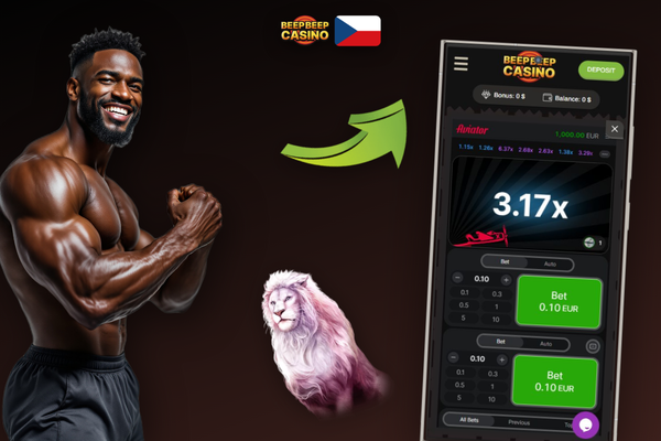 Herní rozhraní Aviator v Beep Beep Casino s červenou křivkou a tlačítkem Cash Out