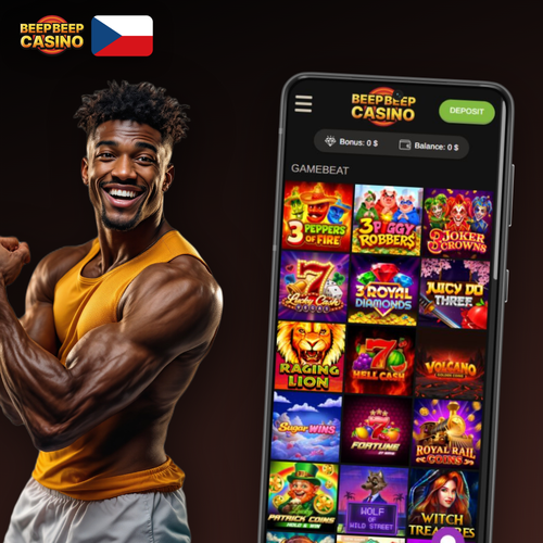 Beep Beep Casino aplikace na mobilním telefonu s herní knihovnou a logem značky