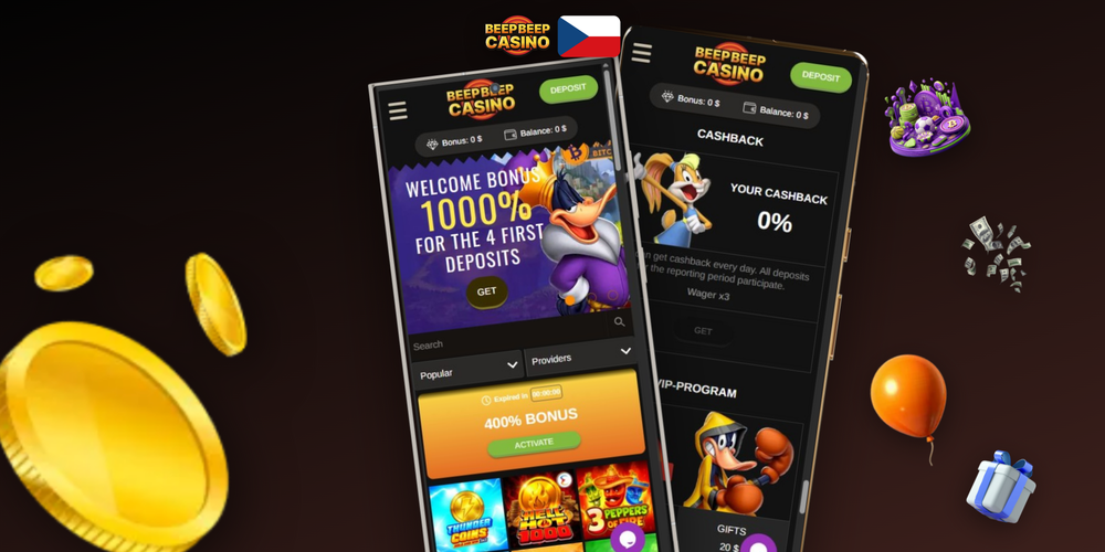 Tři bonusové karty — uvítací odměna, cashback a zatočení zdarma v Beep Beep Casino