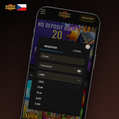 Výběr měny při registraci v Beep Beep Casino – EUR, USD i kryptoměny